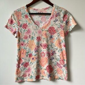 LOFT Vintage Soft Short-Sleeve V-Neck Floral Tee in Peach, Pink & Green XS